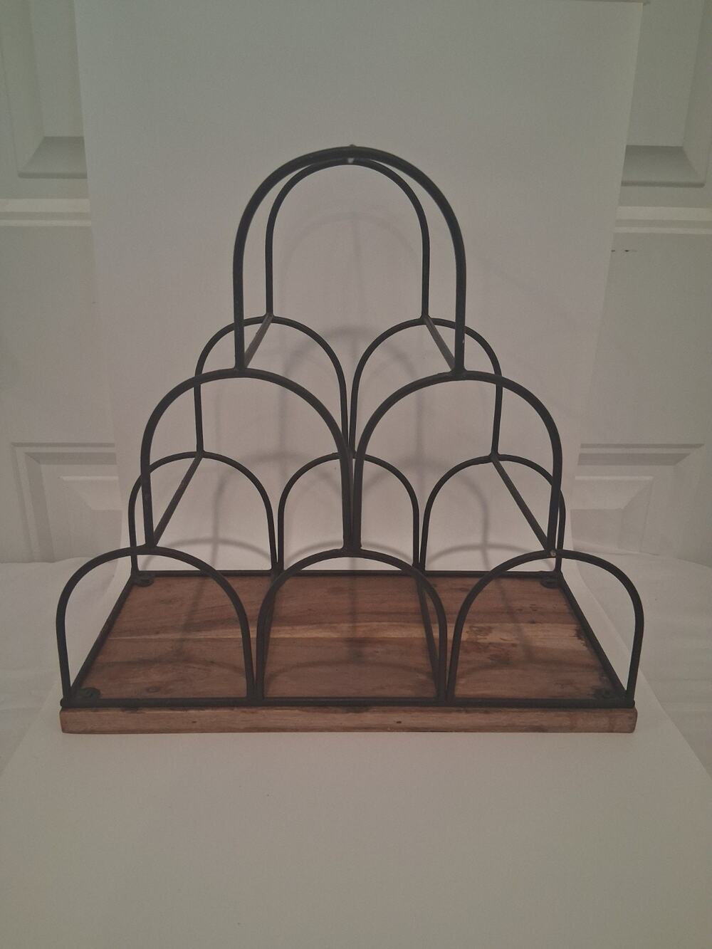6 Bottle Countertop Wine Rack Industrial Metal Wire Wood Base Arch Display Stand